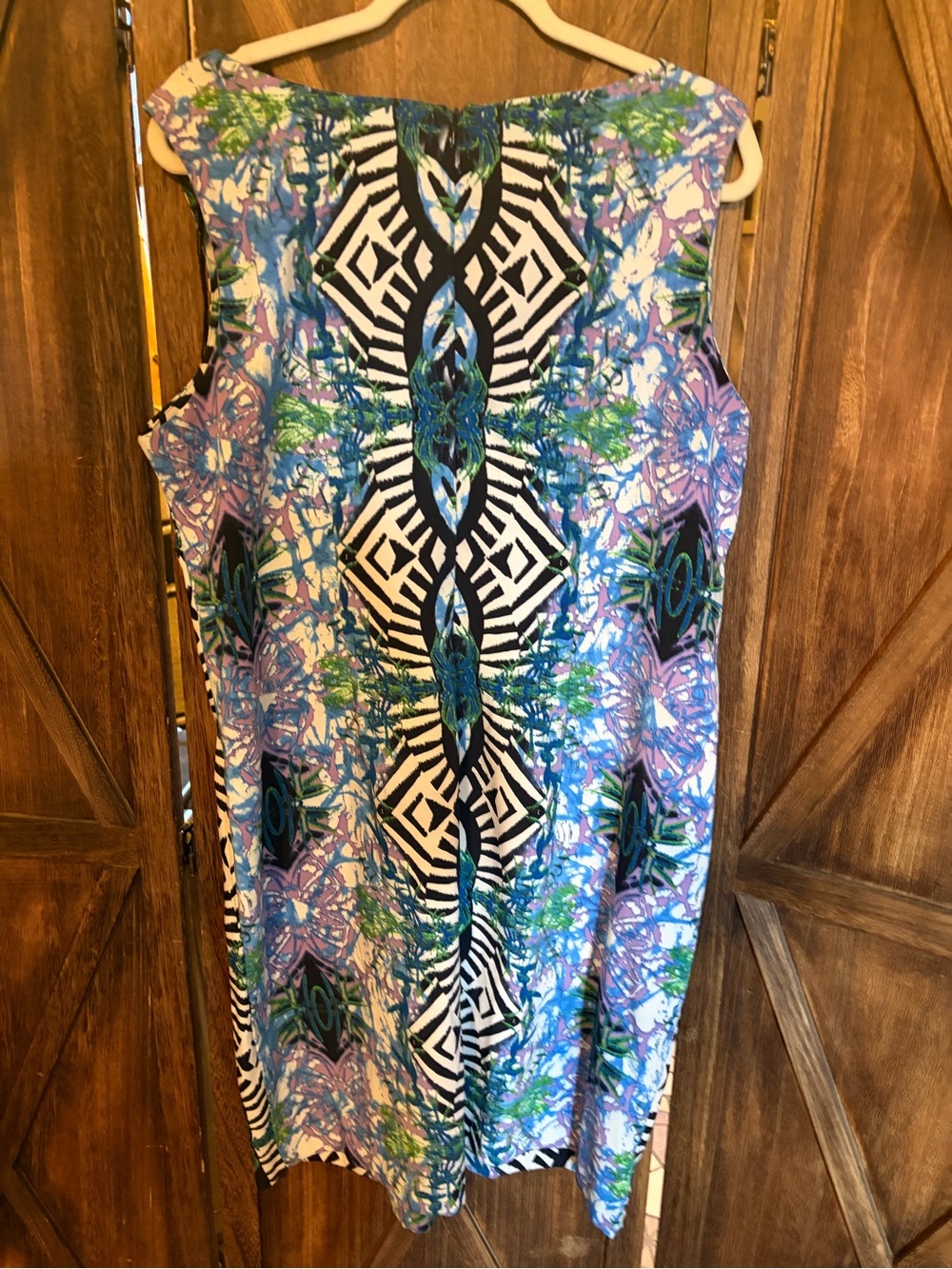 Bright Abstract Sleeveless Shift Dress in Blue, Green, Purple